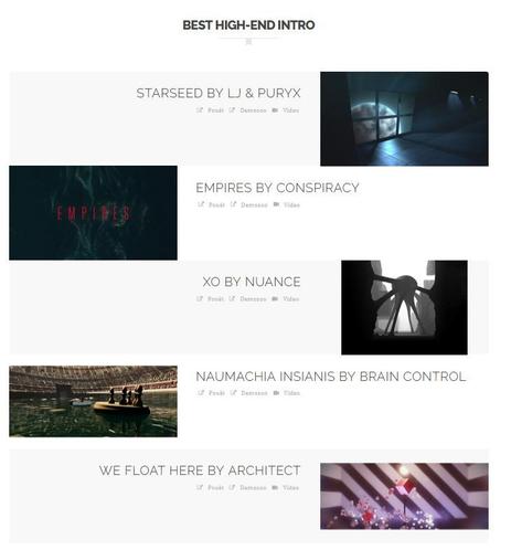 Best High-End Intro
    Starseed by LJ & Puryx
    Empires by Conspiracy
    XO by Nuance
    Naumachia Insianis by Brain Control
    We Float Here by Architect