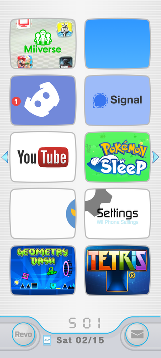 next page with miiverse for moshidon, bluesky, discord, signal, youtube, pokemon sleep for plees tracker, breezy weather which they didn't have the wii's weater channel for whatever reason :(, settings channel, geometry dash and tetris.