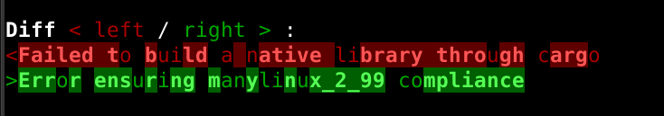 A colorful "diff" of an error message output to a black terminal. The "left" message is printed first in red, then the "right" message is printed in green. The algorithm apparently tried hard to match single letters between the two messages, so both messages consist of a few letters in dark color on black background with lots of intermediate letters in bright color on dark red/green background — which makes me think of messages made from letters cut out of a newspaper.

Like, you first see "Failed t" in bright, then a single dark "o", then bright "b", dark "ui", bright "ld" and so on. Below, you see bright "Err", dark "o", bright "r ens", dark "u", bright "r", and so on.