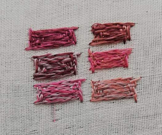 Some experiments at blending colours of thread to calm down the colours.