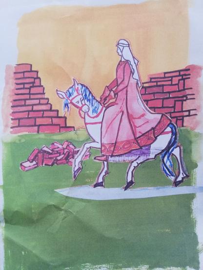 My design for the panel of Aethelflaed. She's on horseback, about to start refortifying Chester.