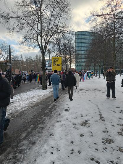 Photo of the winter Pride parade in Berlin. You can see a crowd of people with rainbow flags and the city and sky in the background. There's also a person holding up a sign that says "Super hard for democracy".