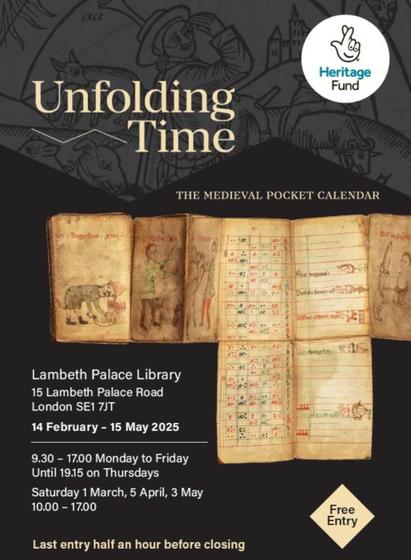 Title: Unfolding Time 
Funder: National Lottery Heritage Fund

Poster with black background. Beige parchment shaped in T configuration with page folds visible. Manuscript and line drawings across the parchment surface.
