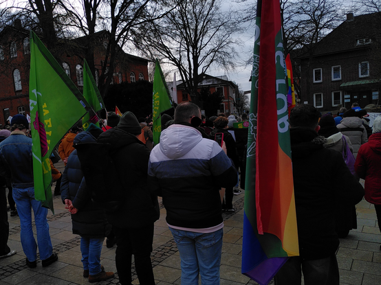 Menschen auf einer Kundgebung von hinten fotografiert, sie haben Winterjacken an und halten bunte Flaggen.