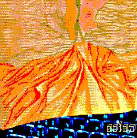 Low resolution image with a CPC 6128 palette made with 8bitphotolab from a photo of a pencil sketch overlaid on a glowing computer keyboard.