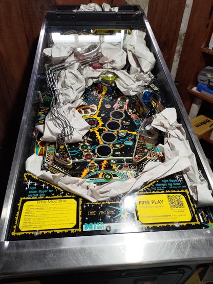 The cabinet again with all the moving parts stuffed with packing paper. I gave the machine a good shake and didn't hear too much rattling so it should be safe for the move