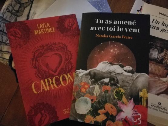 Photo de deux livres. Le premier s'appelle Carcoma et est écrit par Layla Martínez et le second s'appelle Tu as amené avec toi le vent et est écrit par Natalia García Freire
