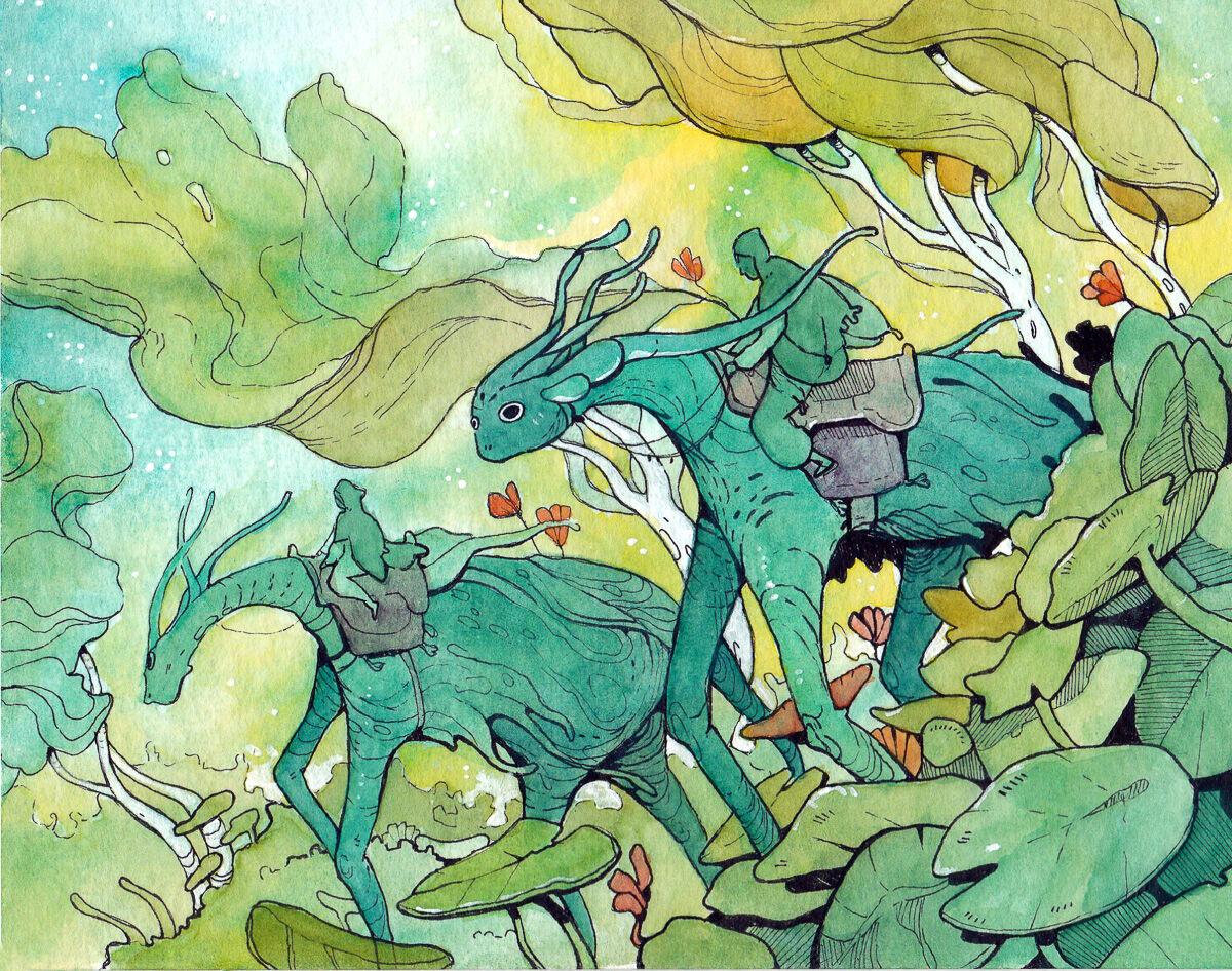 Watercolour painting of 2 green fantasy horsers with long legs and hooded riders on their backs riding through a forest