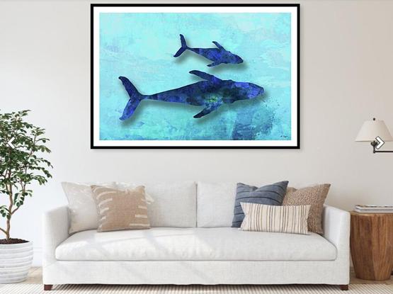 Blue humpback whales mother and child swimming side by side painting by artist and poet Sharon Cummings.  Haiku in post.