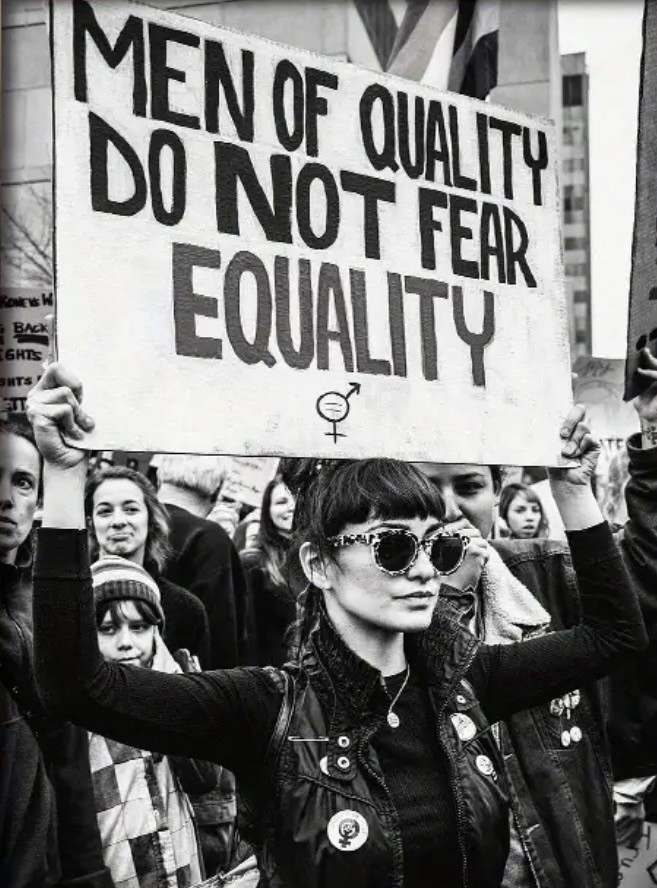 A black and white image of a woman holding a sign that reads "MEN OF QUALITY DO NOT FEAR EQUALITY." She wears sunglasses and a vest, surrounded by a crowd at a protest.