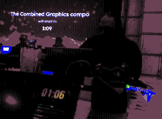 Low res 8bit stylized photo of a party place. In the background on a screen the words "The Combined Graphics Compo will start in 1:09". In the foreground on another screen "01:06"