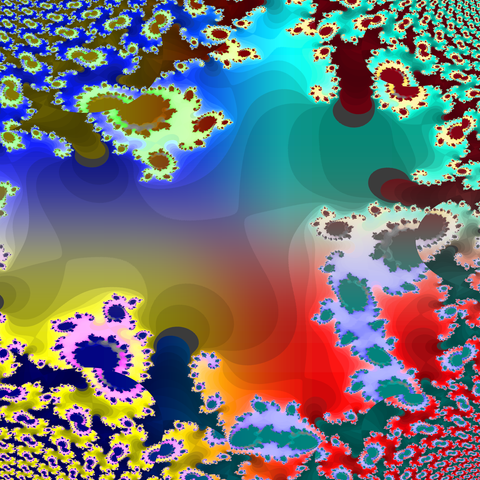 Fractal with yellow, red, cyan, and blue sections that have a spiral pattern that repeats indefinitely as you go closer to the corners