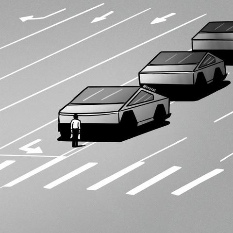 Single-panel cartoon showing a wide road with three Cybertrucks in a row. They are being blocked by a single man carrying groceries standing in front of the lead vehicle, in a nod to the iconic image from Tiananmen Square