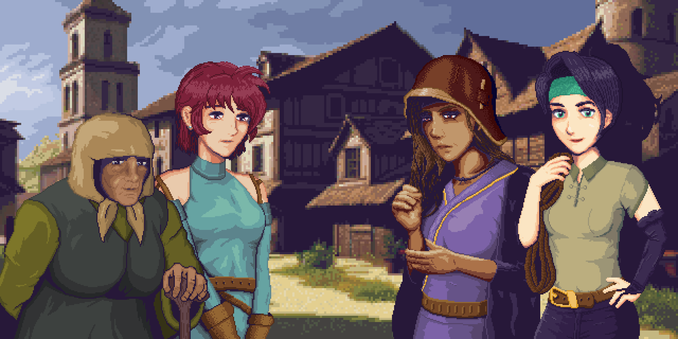 pixel art scene showing four female character portraits in front of a town center background