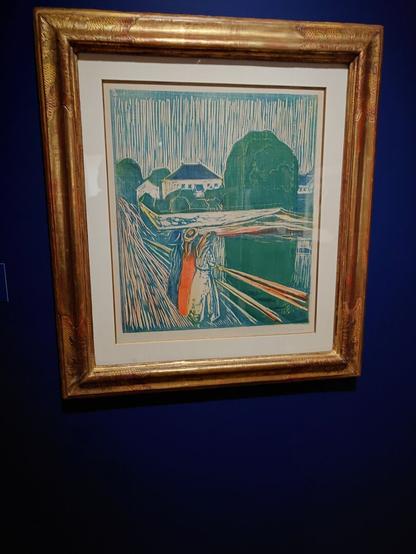 Pikene på broen by Edvard Munch, a framed picture with three girls on a bridge.