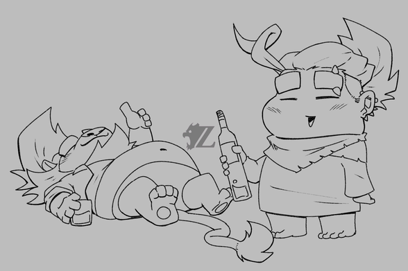 My lion fursona Zeiros and Zinthings just enjoying a drink and being silly. I am laying down on the ground with a glass of whiskey in one hand, the other giving a thumbs up. Zin is standing up with a bottle of vodka in their hand, inexplicably pants-less as well.
