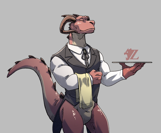 Akaryuterra, a muscular male anthropomorphic red lizard, stands dignified in a pressed white shirt, bolo tie, and black dress vest, holding a tray in one hand, the other with a tea towel draped over the forearm. He is noticeably pants-less, though not showing anything down there.