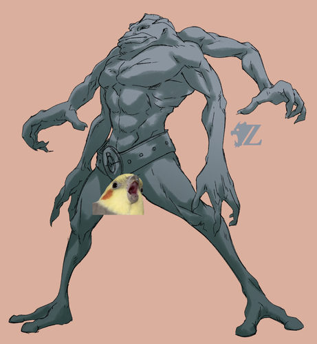 A creepy take on the four-armed humanoid Pokemon Machamp. He is leaner than his official art, with a squished head and almost zero body fat on his musculature. There is a picture of a cockatiel with its mouth open to cover up the Machamp's crotch, censoring whatever it is beneath the belt.