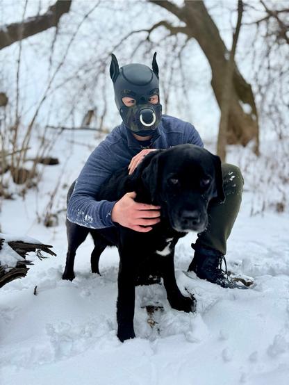A heartwarming winter scene unfolds as two companions share a moment in the pristine snow. A figure wearing a sleek black/camo neoprene pup hood with pointed ears and a white septum ring crouches protectively beside their four-legged friend. The bio dog, a handsome black Labrador with a distinctive white chest patch, stands alertly in the fresh powder, their coat a striking contrast against the white landscape. The human wears a navy blue thermal jacket and olive-green winter boots, perfectly suited for the snowy conditions. Bare winter trees create a moody backdrop, their branches etched against the pale winter sky. Snow blankets the ground, creating a peaceful, almost ethereal setting for this unique portrait of interspecies companionship. The composition captures an intimate moment between two different expressions of canine spirit - one biological, one chosen - united in their enjoyment of a winter's day.