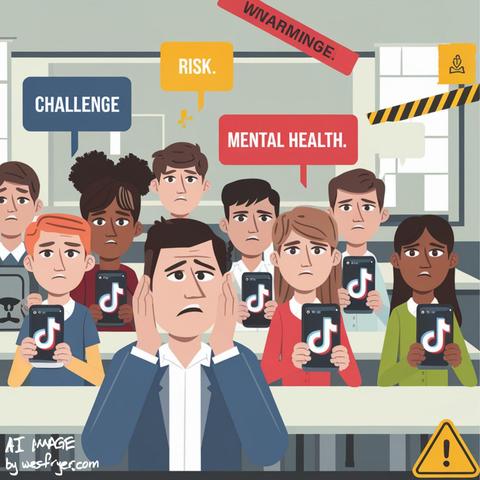 A modern classroom scene with a diverse group of middle and high school students. Each student is holding a smartphone with the TikTok logo prominently displayed. A concerned teacher is standing at the front of the room, looking stressed. Floating text bubbles around the students read 'Challenge,' 'Risk,' and 'Mental Health.' The background features subtle warning signs like caution tape and digital icons representing social media notifications. Bright colors like red and yellow for warnings contrast with the muted classroom setting. The text 'EdTech Situation Room Ep 339 – Social Media Challenges in Schools' is written in bold white letters at the bottom.