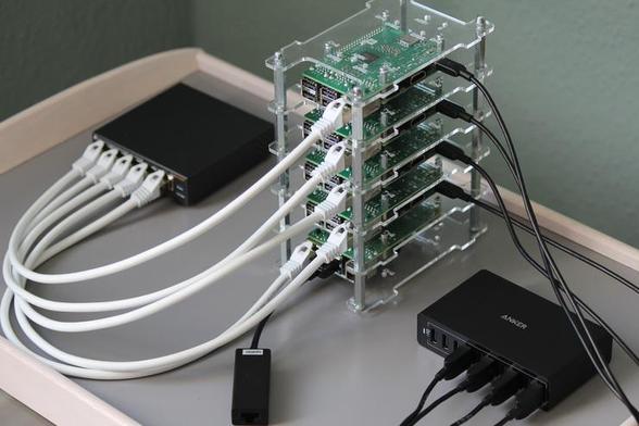 4 Raspberry PI computer as a cluster. Connected through a switch