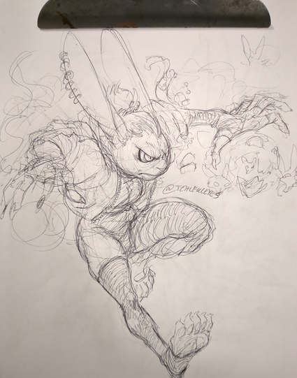 Sketch by Tealful Eyes of an anthropomorphic necromancer rabbit casting spells as they are leaping toward an off canvas threat.