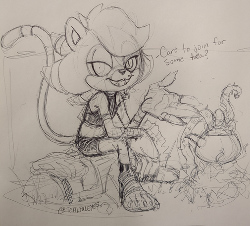 Sketch by Tealful Eyes of their Sonic persona Pluvia the puma resting after practice and asking the viewer if they care to join them for some tea.