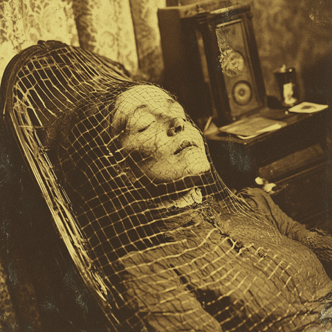 Deuil Éthéré
Photographie ancienne d'une femme victorienne figée dans un sommeil éternel, son visage recouvert d'un voile fin, baignant dans une atmosphère sombre et inquiétante.
An old photograph of a Victorian woman frozen in eternal slumber, her face covered by a fine veil, bathed in a dark and eerie atmosphere.