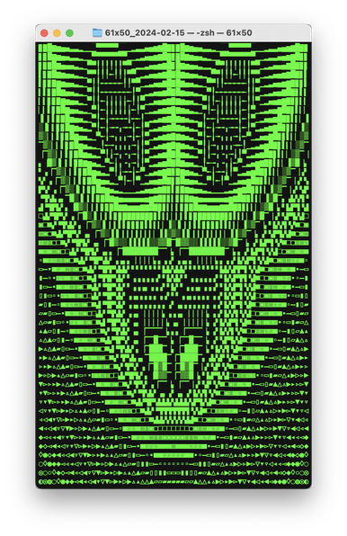 Procedural ascii art rendered with green text on black background