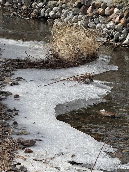 A creek bed covered with ice.