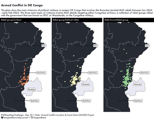 The plots show the main instances of political violence in eastern DR Congo that involves the Rwandan backed M23 rebels between Jan 2024 - early Feb 2025. The three main types of violence involve M23 attacks targeting either Congolese civilians; a collection of rebel groups allied with the government that are known as EPLC or Wazalendo; or the Congolese military.