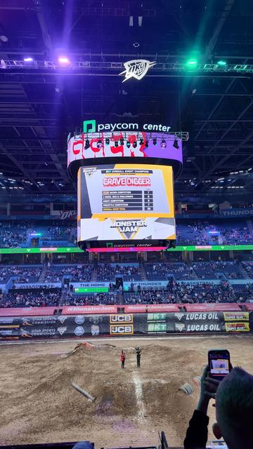The final points breakdown on the jumbotron at Paycom Center in OKC. It shows Grave Digger's win with an event total of 30 points.