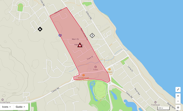 Map showing "leave now" emergency evacuation area for a bushfire in Dunsborough, Western Australia
