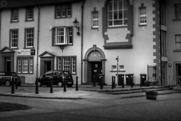 Monochrome shot of old style buildings at whitehaven harbour, shot with tilt-shift lens to defocus top and bottom areas