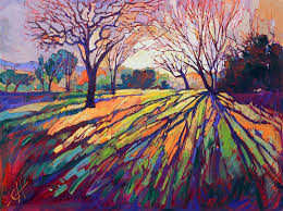 Very original painting if some trees in the background with their dark blue shadows all over the very colourful field in teh foreground. On the horizon are some more trees and foliage, under a soft purple and soft blue coloured sky