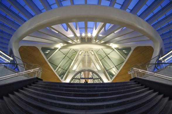 Look-up symetrical shot with a fish-eye lens of the impressive exit of the newly inaugurated Mons train station by architect Calatrava, in Belgium, at blue hour. The round white structure at the top with two tiny lamps in the shape of stars in the middle seating on big stairs under a giant canopy bathed in the blue hour, the ramp of the stairs going down on the side and two curvy red wood panels on the side create a resemblance with a macro shot of a spider. The top silhouette of a man exiting the station though the curvy main door seems to try to escape from the mouth of the spider.