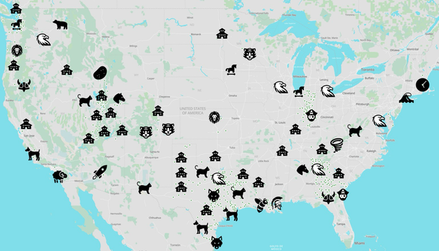 A map of the United States with various icons overlayed to show school mascot information. There is a potato icon in Idaho. Other icons show an eagle, horse, clock, rocket, ram etc