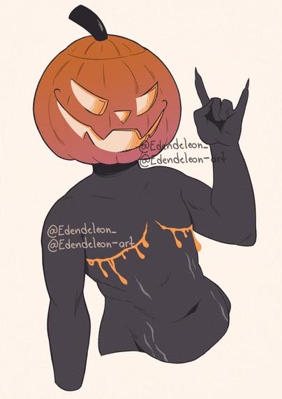 Digital drawing of a humanoid jack-o-lantern doing the "devil-horns" sign with it's right hand. On its face, a mischievous smile is carved, with light emanating from the inside. A stem sits on top.

The creature's body is shown from head to hips. It is fat, with visible light-gray stretch marks and open top surgery scars dripping orange fluid.
