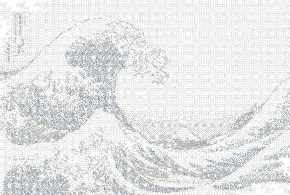 An approximation of "The Wave" by Hokusai made of 4 fractal dragon curves with varying recursive level according to brightness.