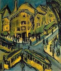 Painting of an overview of four grey streets with many yellow trams, and the buildings are also yellow