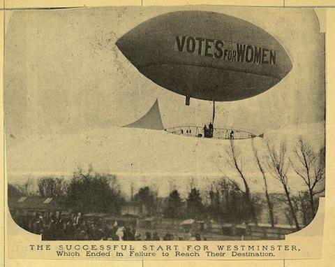 postcard of the VOTES FOR WOMEN dirigible setting out for Westminster