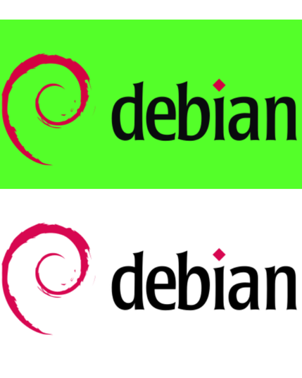 This image features the logo of the Debian Operating System. There are two identical Debian logos arranged vertically, each displaying the distinctive swirl design. The top logo is set against a green background, while the bottom one has a white background. The Debian swirl is inspired by the shape of a galaxy and also resembles the '@' (at) symbol commonly used in email addresses.