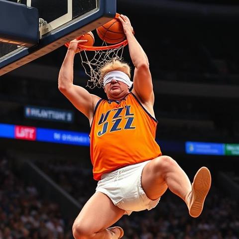 Donald Trump, slimmer than ever, slam dunks a basketball while blindfolded.