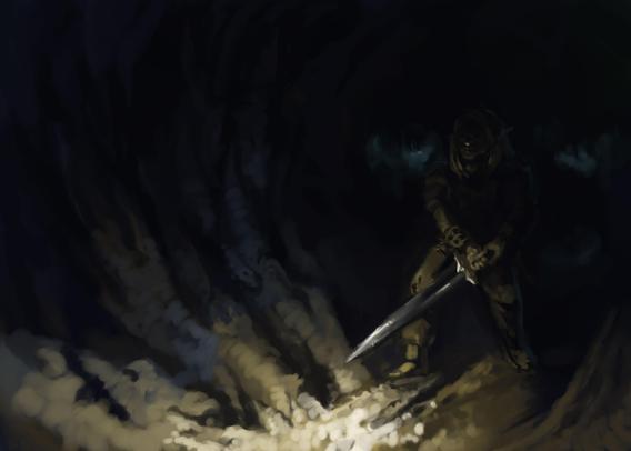 Digital painting of Drow warrior with sword, emerging from dark cavern