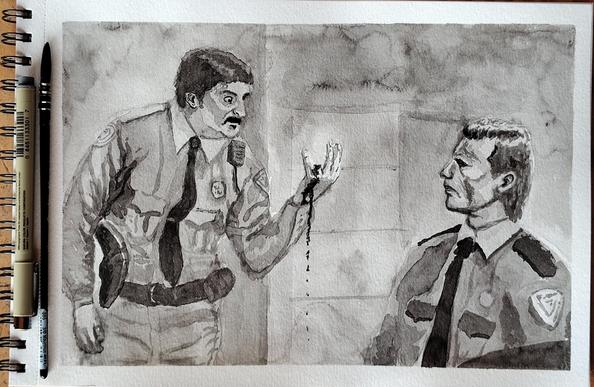 Tinta beltzez egindako akuarela bat. Ariketa bat.
Bertan Planet Terror filmako eszena bat ikusten da. Bi polizi edo guardia ikusten dira bulego batetan.
Tom Salvini-ren pertsonaiari erdiko hatza falta zaio eta eskua odeletan dauka (filma ezagutzen duenak, zombie batek hatza jan diola daki).
Salvinik harridura haundiz bere eskua begiratzen du. Bere lankideak ordea, Salviniren erreakzioa aztertzen ari da, aire lasai batez, kuriositatearkin.
