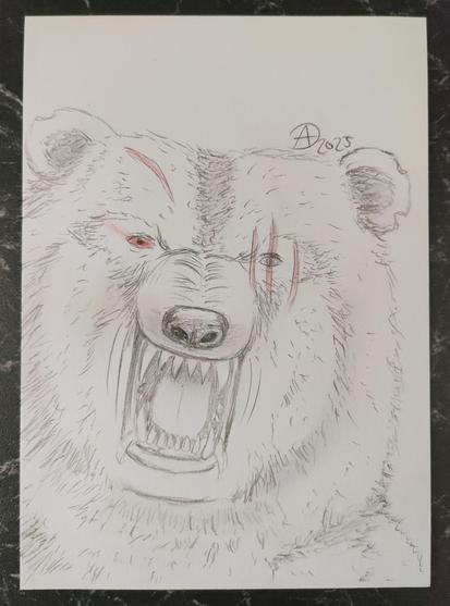 Ein Blutbär aus meiner Geschichte Drachenherz, die in meinem #Drachzine erscheint. Hier ein mit Bleistift gezeichneter Bär, der sein Maul aufreißt. Seine Augen leuchten rot und er hat über dem linken Auge drei krallenartige Narben sowie über dem rechten Auge eine Narbe.
