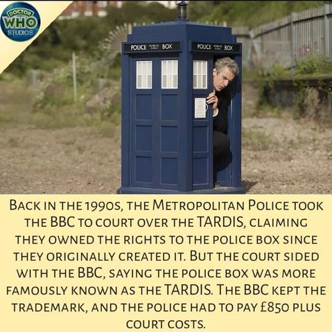 (Photo of a still of Doctor Who episode "Flat line" where the TARDIS shrunk and the 12th Doctor can't get out anymore)

Back in the 1990s, the Metropolitan Police took the BBC to court over the TARDIS, claiming they owned the rights to the police box since they originally created it. But the court sided with the BBC, saying the police box was more famously known as the TARDIS. The BBC kept the trademark, and the police had to pay £850 plus court costs