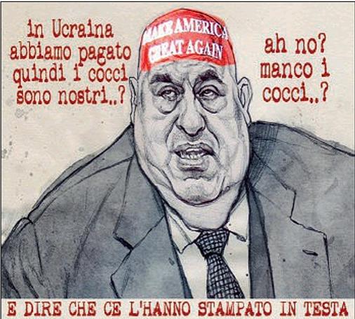 Nel disegno, Guido Cristo Crosetto chiede: " In Ucraina abbiamo pagato quindi i cocci sono nostri..? Ah no? Manco i cocci..?"

In basso la scritta "E dire che ce l'hanno stampato in testa".
Sulla testa del ministro c'è infatti la scritta "Make America Great Again".