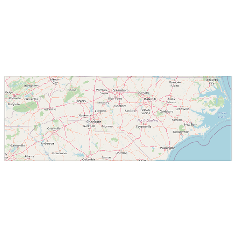 A map of North Carolina, using the OSM provider, showing distorted text