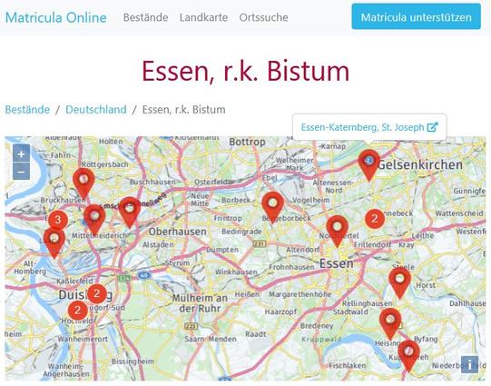 Karte mit Kirchenbüchern des Bistums Essen bei Matricula